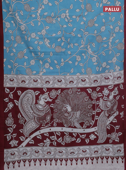 Kalamkari semi silk saree blue and maroon with allover prints and simple border