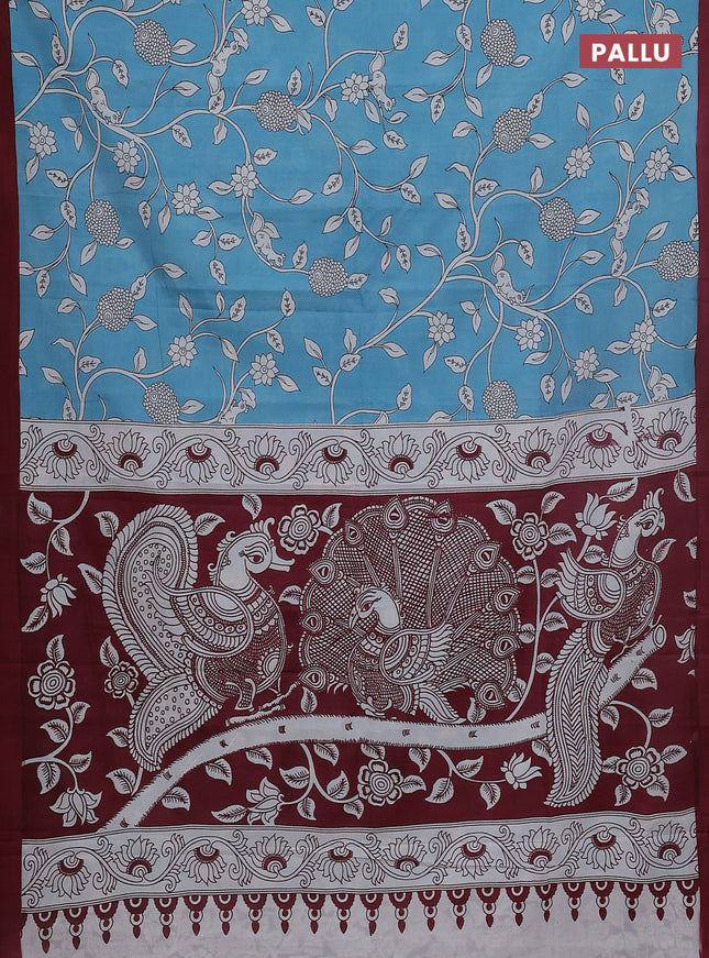 Kalamkari semi silk saree blue and maroon with allover prints and simple border