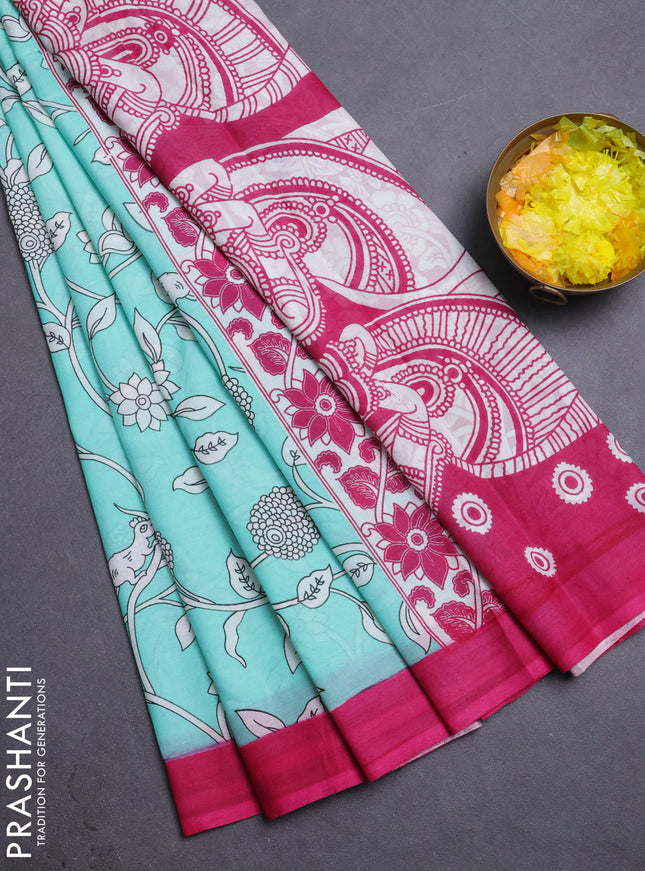 Kalamkari semi silk saree teal blue and pink with allover prints and simple border