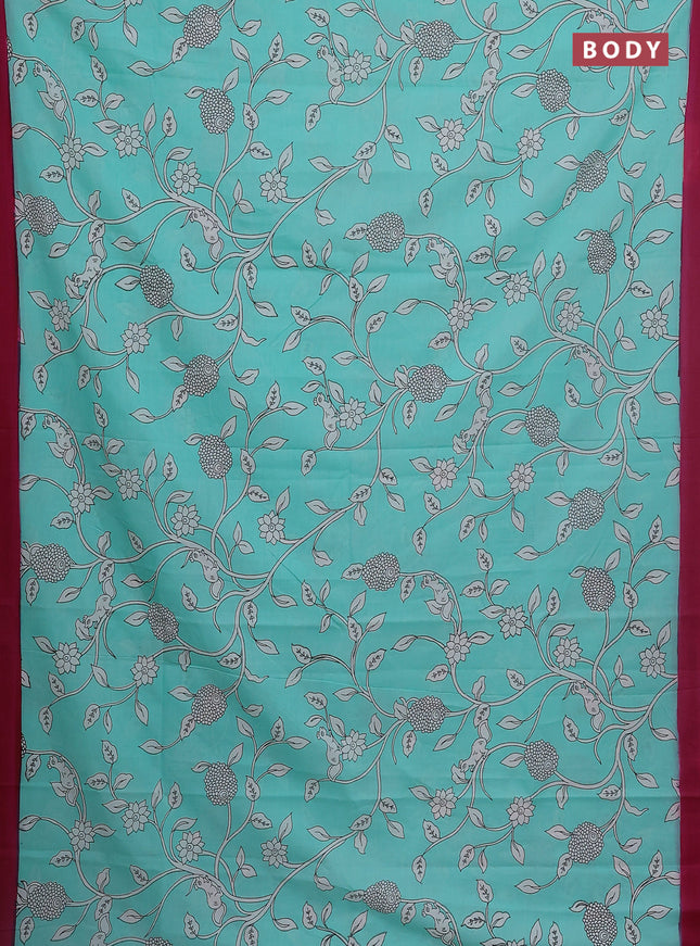 Kalamkari semi silk saree teal blue and pink with allover prints and simple border