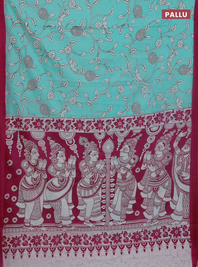 Kalamkari semi silk saree teal blue and pink with allover prints and simple border