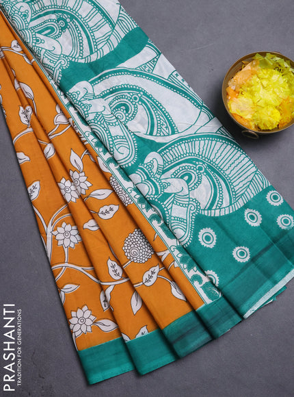 Kalamkari semi silk saree dark mustard and teal green with allover prints and simple border