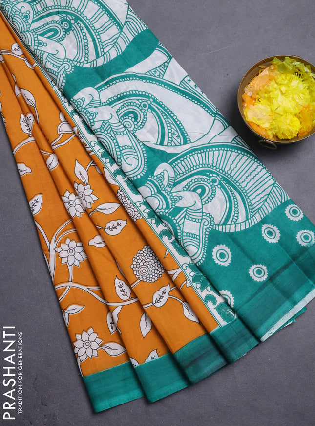 Kalamkari semi silk saree dark mustard and teal green with allover prints and simple border
