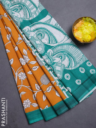 Kalamkari semi silk saree dark mustard and teal green with allover prints and simple border