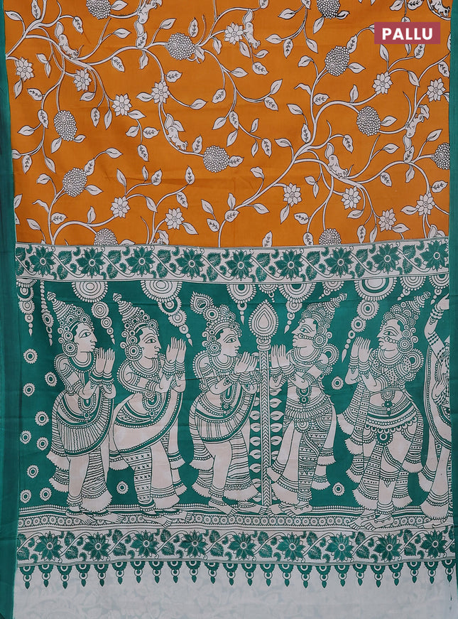 Kalamkari semi silk saree dark mustard and teal green with allover prints and simple border