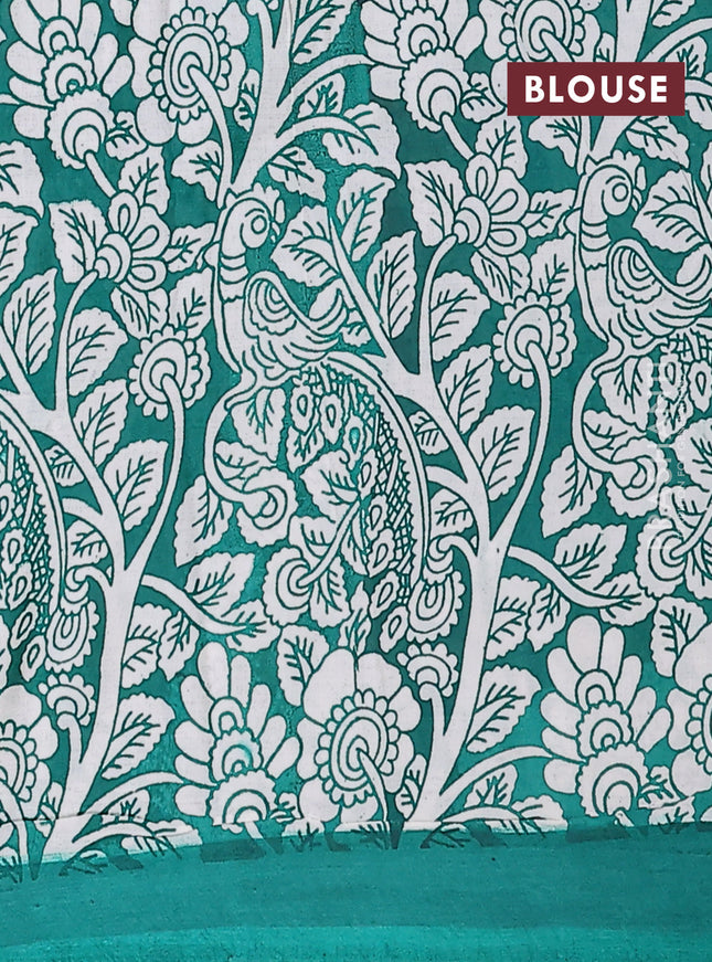 Kalamkari semi silk saree dark mustard and teal green with allover prints and simple border