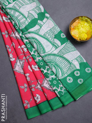Kalamkari semi silk saree pink and green with allover prints and simple border