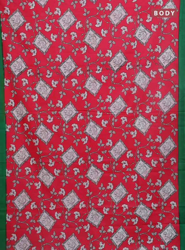Kalamkari semi silk saree pink and green with allover prints and simple border