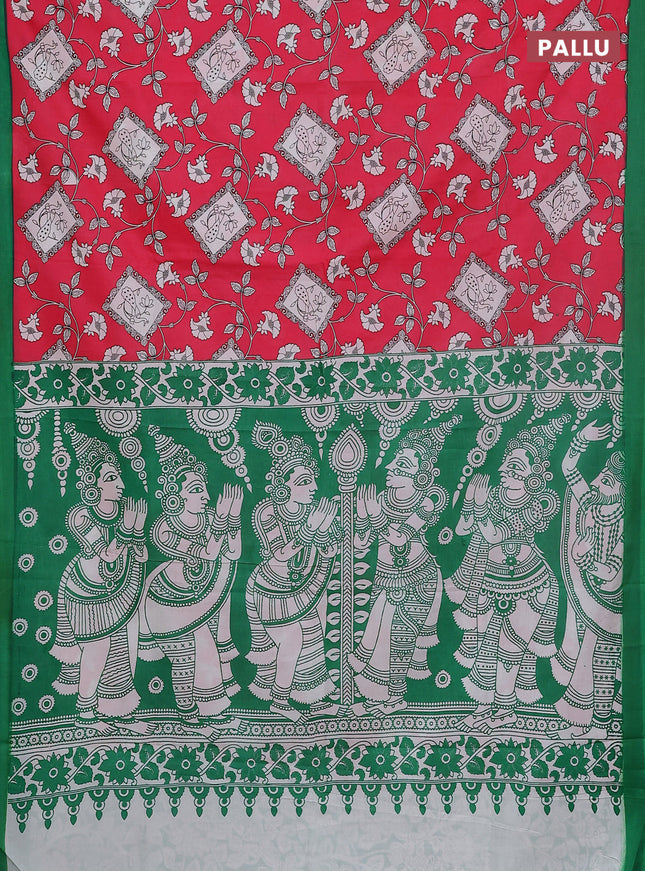 Kalamkari semi silk saree pink and green with allover prints and simple border