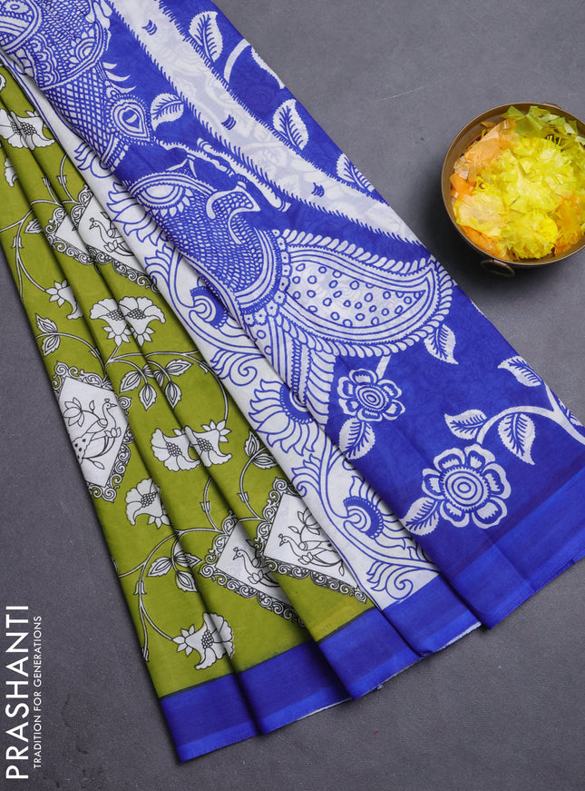 Kalamkari semi silk saree mehendi green and blue with allover prints and simple border
