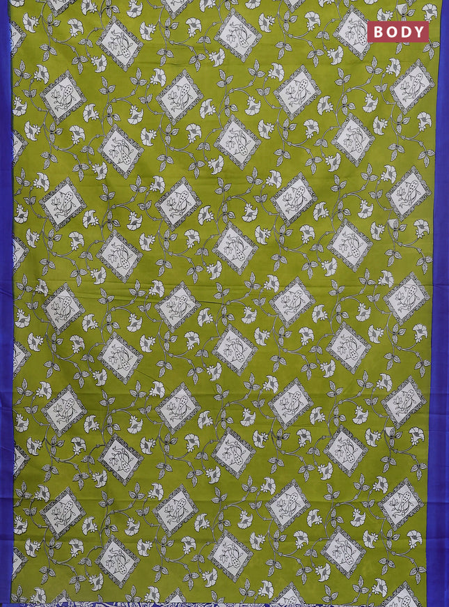 Kalamkari semi silk saree mehendi green and blue with allover prints and simple border