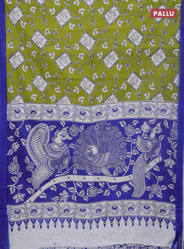 Kalamkari semi silk saree mehendi green and blue with allover prints and simple border