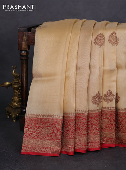 Banarasi organza silk saree sandal and red with woven buttas and woven border