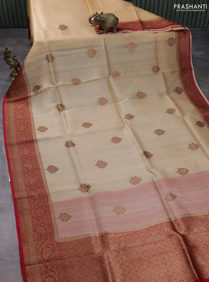 Banarasi organza silk saree sandal and red with woven buttas and woven border