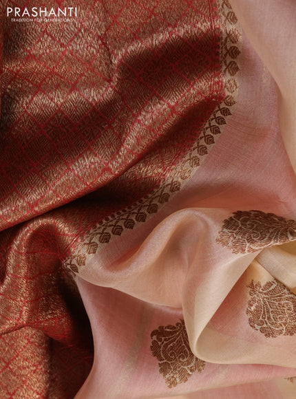 Banarasi organza silk saree sandal and red with woven buttas and woven border