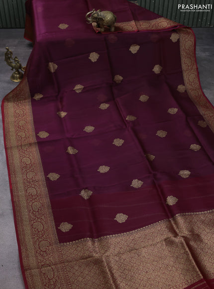 Banarasi organza silk saree wine shade and red with woven buttas and woven border