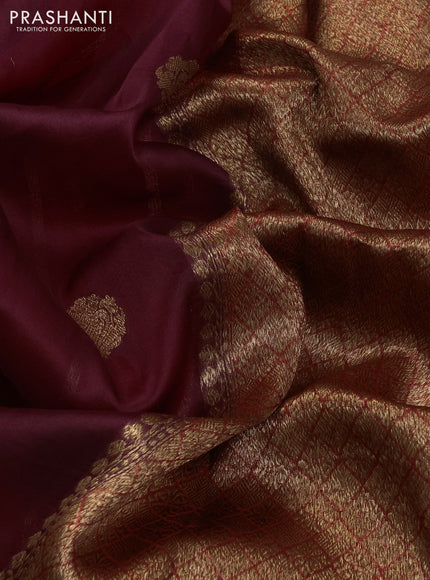 Banarasi organza silk saree wine shade and red with woven buttas and woven border