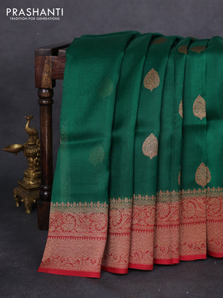 Banarasi organza silk saree green and red with woven buttas and woven border