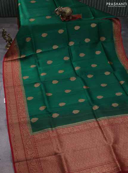 Banarasi organza silk saree green and red with woven buttas and woven border