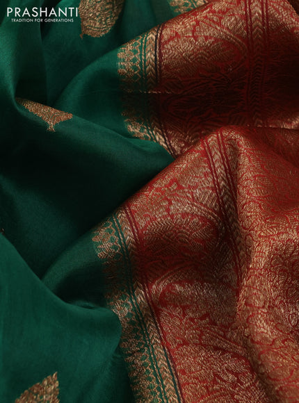 Banarasi organza silk saree green and red with woven buttas and woven border