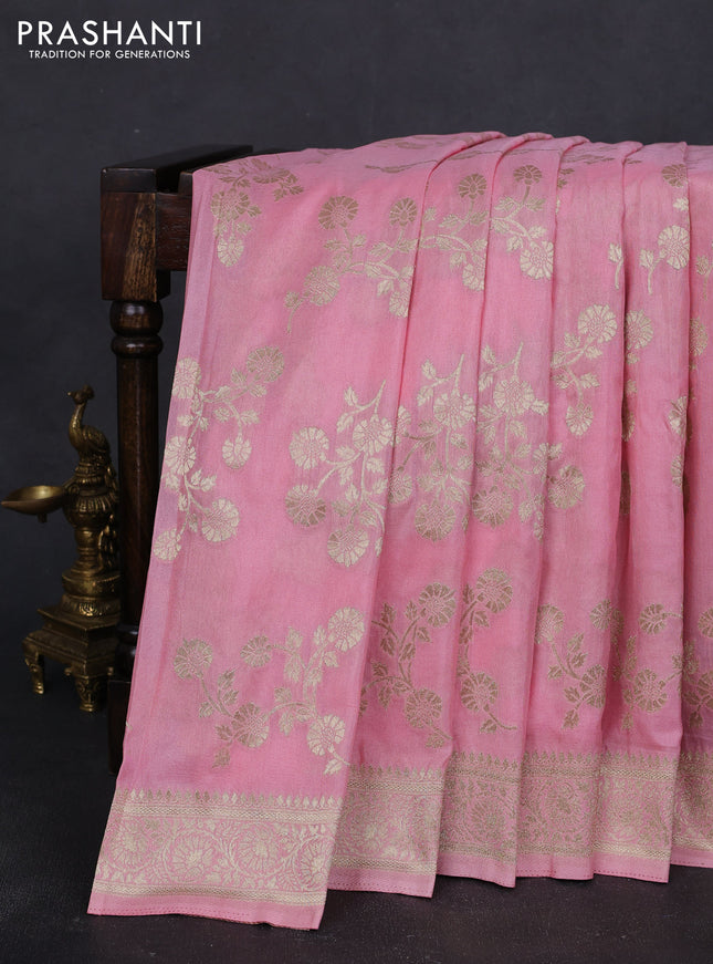 Banarasi semi georgette saree light pink with allover zari woven floral brocade weaves and zari woven border