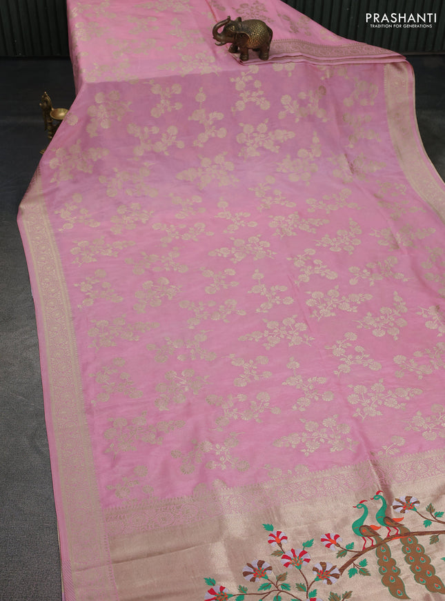 Banarasi semi georgette saree light pink with allover zari woven floral brocade weaves and zari woven border