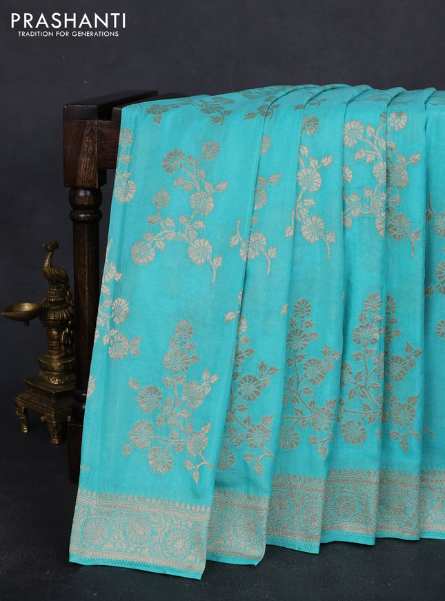 Banarasi semi georgette saree teal blue with allover zari woven floral brocade weaves and zari woven border