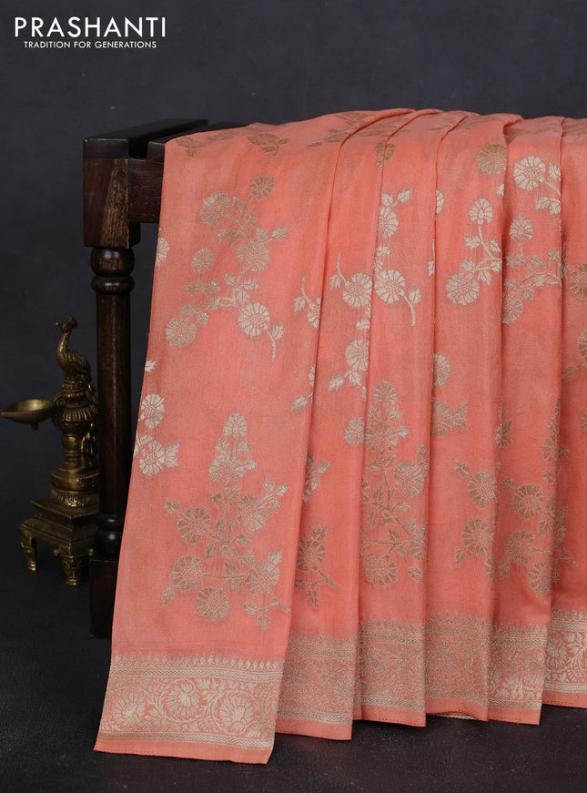 Banarasi semi georgette saree peach orange with allover zari woven floral brocade weaves and zari woven border