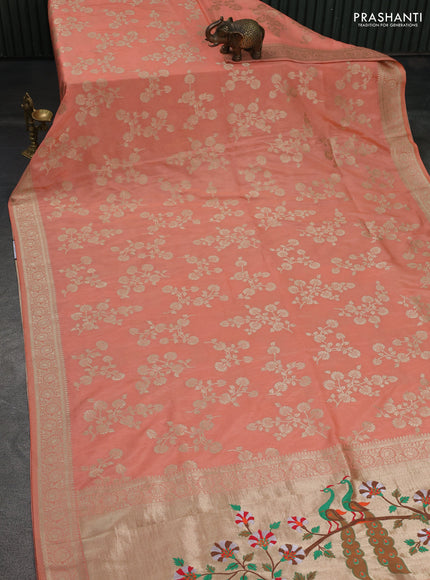 Banarasi semi georgette saree peach orange with allover zari woven floral brocade weaves and zari woven border