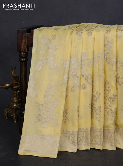 Banarasi semi georgette saree pale yellow with allover zari woven floral brocade weaves and zari woven border