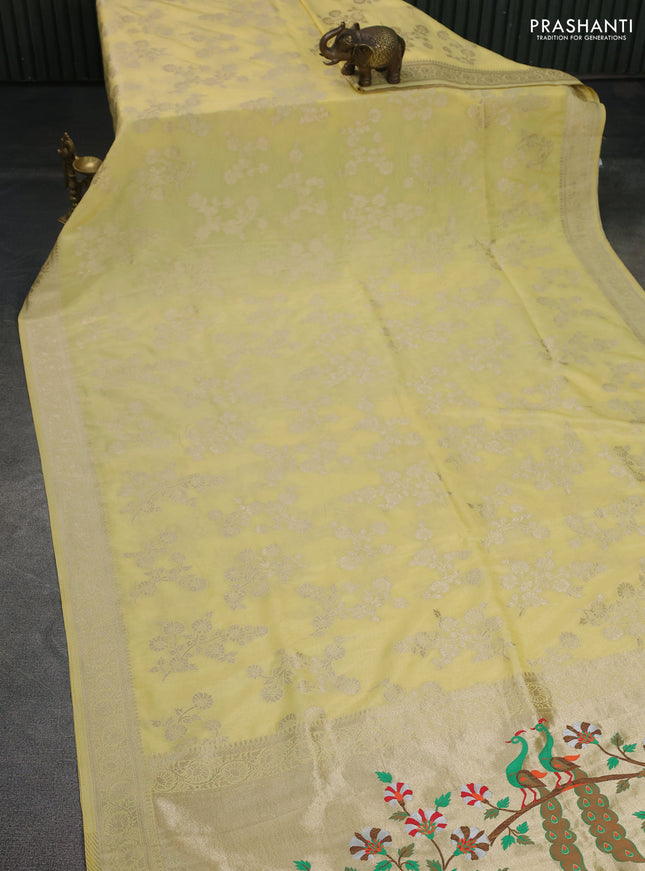 Banarasi semi georgette saree pale yellow with allover zari woven floral brocade weaves and zari woven border