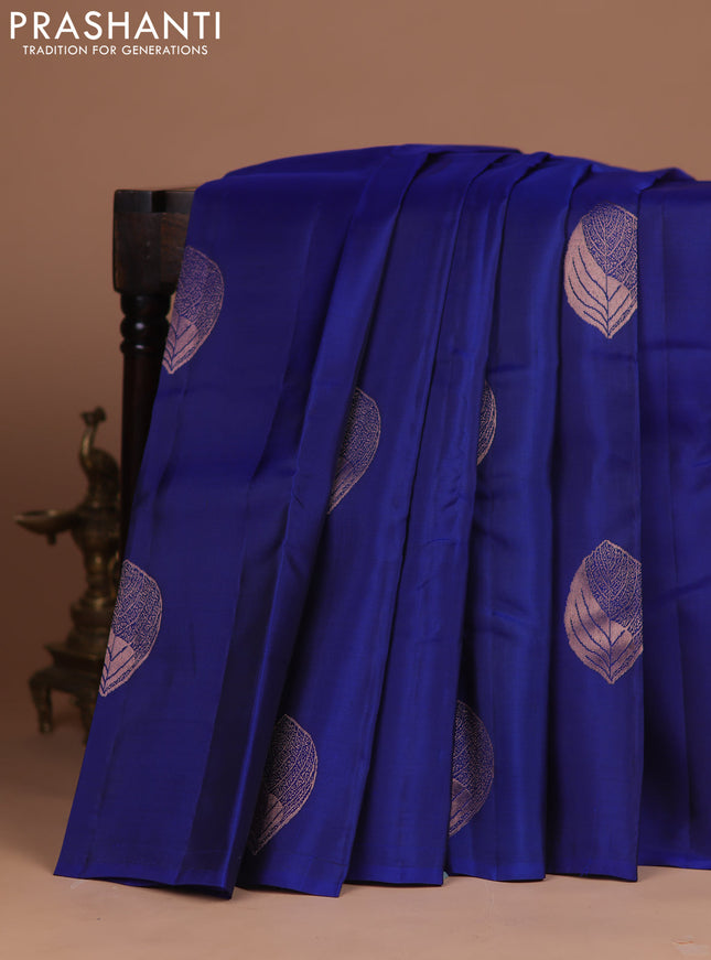 Kanchipuram silk saree blue and teal green with copper zari woven buttas in borderless style