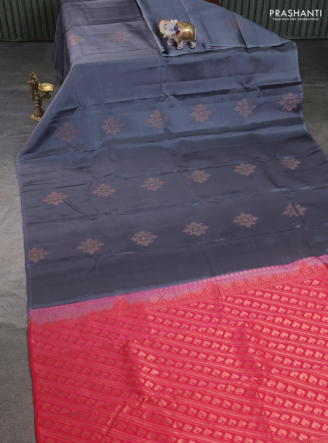 Kanchipuram silk saree grey and dual shade of pinkish orange with copper zari woven buttas in borderless style