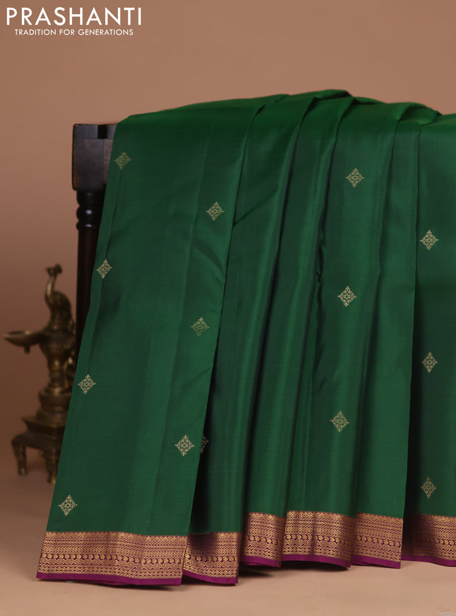 Kanchipuram silk saree bottle green and purple with zari woven buttas and zari woven border