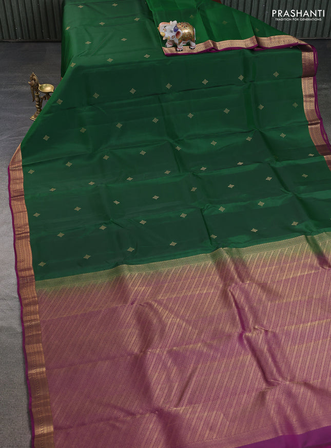 Kanchipuram silk saree bottle green and purple with zari woven buttas and zari woven border