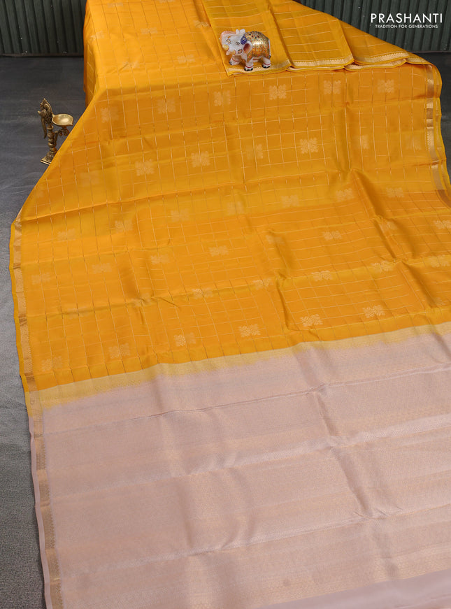 Kanchipuram silk saree mango yellow and grey with allover zari checked pattern & buttas and zari woven border