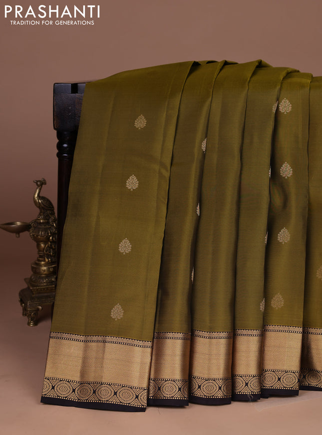 Kanchipuram silk saree mehendi green and coffee brown with zari woven buttas and zari woven border