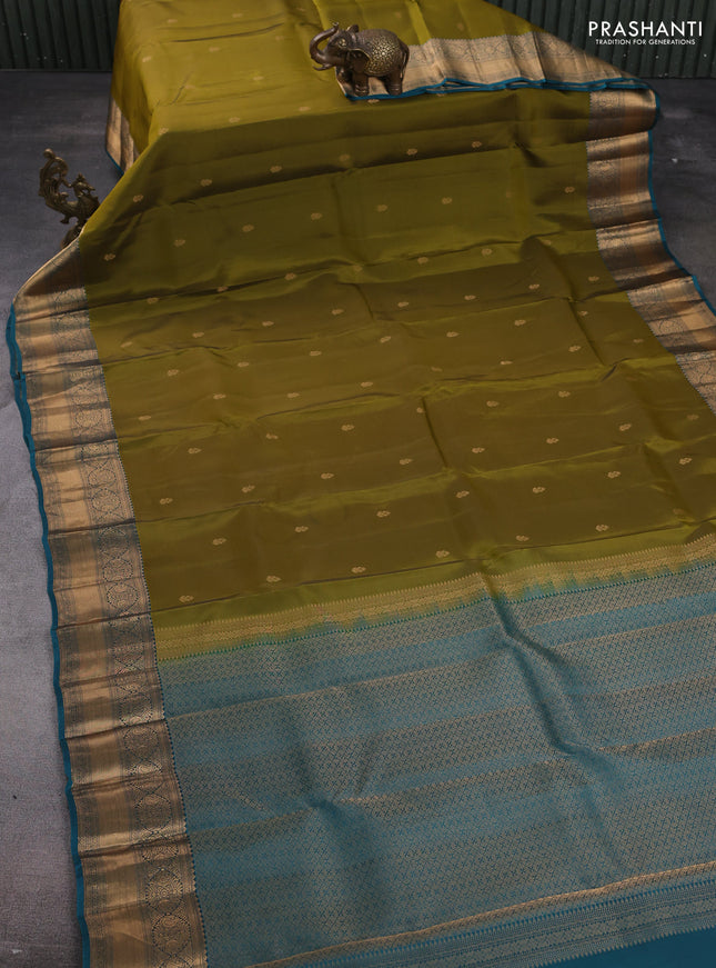 Kanchipuram silk saree mehendi green and teal green with zari woven buttas and rettapet zari woven border