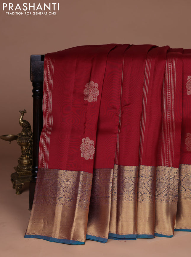 Kanchipuram silk saree maroon and teal green with allover zari weaves & buttas and long zari woven border