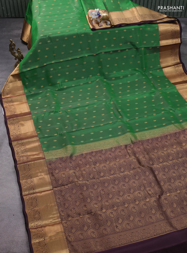 Kanchipuram silk saree green and coffee brown with zari woven buttas and zari woven border
