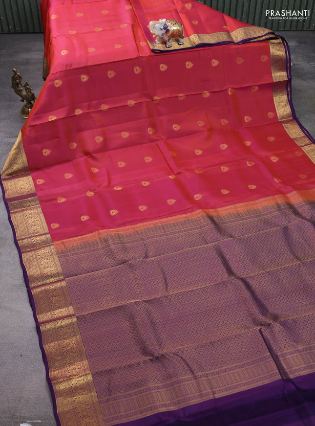 Kanchipuram silk saree rustic orange and violet with zari woven buttas and annam zari woven border
