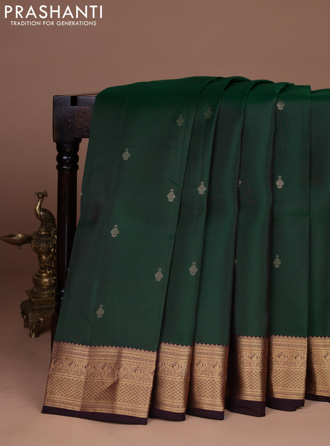 Kanchipuram silk saree bottle green and coffee brown with zari woven buttas and zari woven border