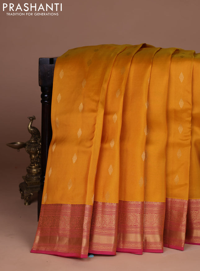 Kanchipuram silk saree yellow and pink with allover zari woven buttas and zari woven border