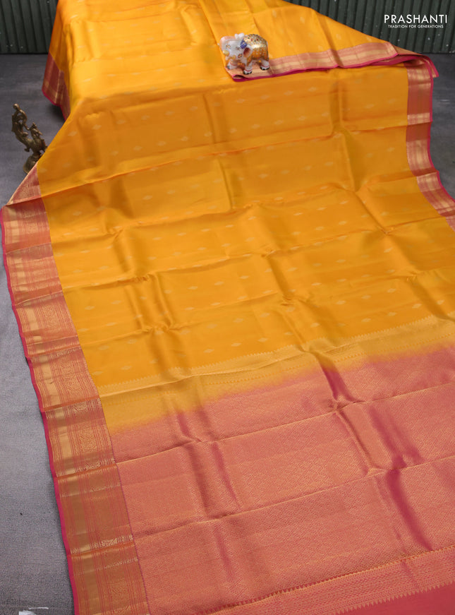 Kanchipuram silk saree yellow and pink with allover zari woven buttas and zari woven border