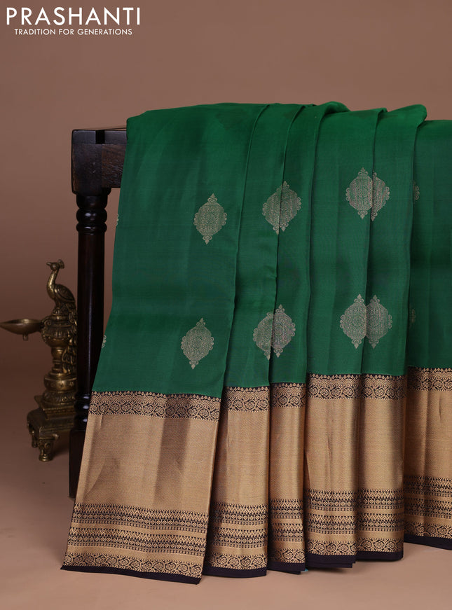 Kanchipuram silk saree green and coffee brown with zari woven buttas and zari woven border