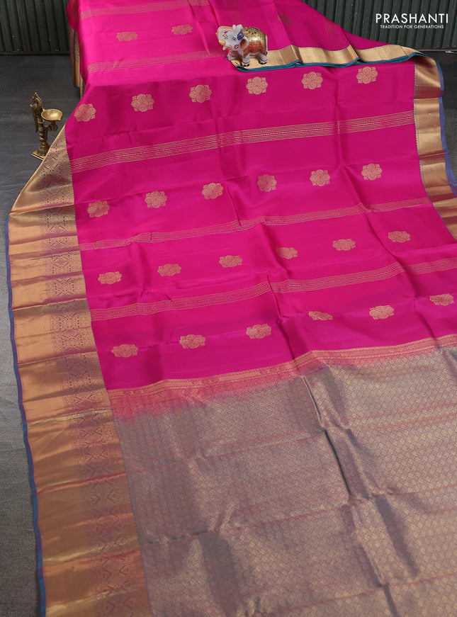 Kanchipuram silk saree pink and teal green with zari woven buttas and long zari woven border