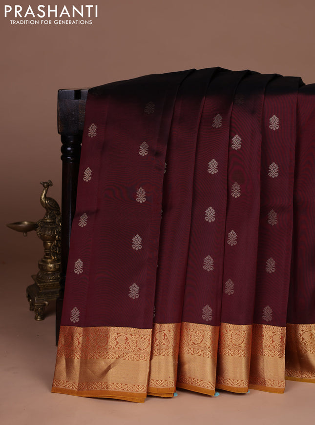 Kanchipuram silk saree deep maroon and dark mustard with zari woven buttas and zari woven border