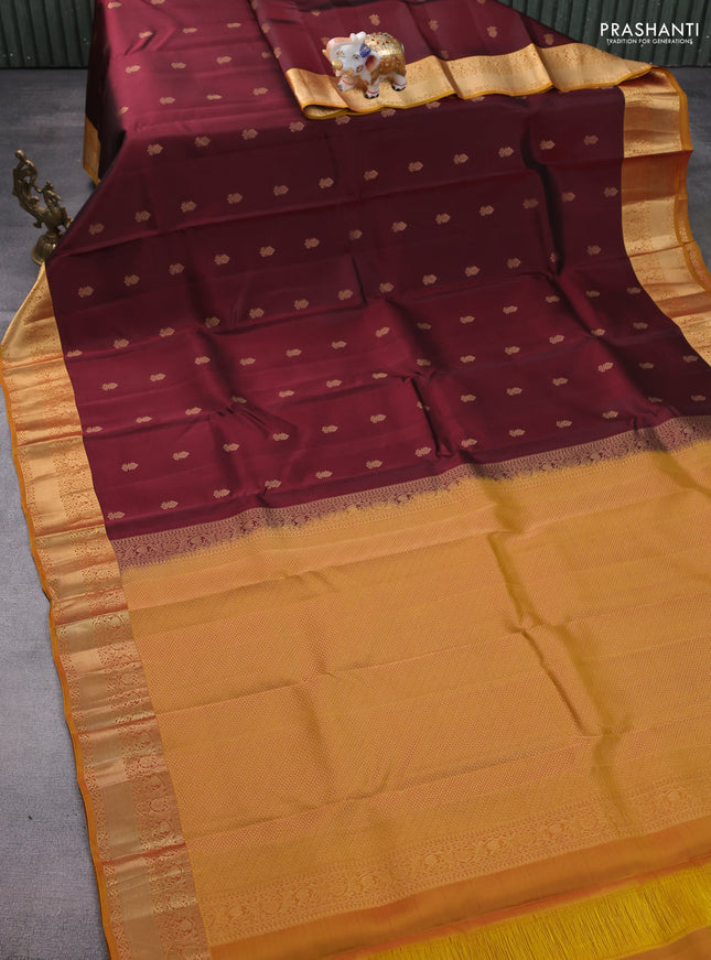 Kanchipuram silk saree deep maroon and dark mustard with zari woven buttas and zari woven border