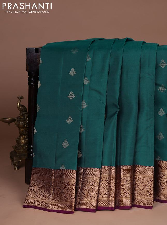 Kanchipuram silk saree peacock green and purple with zari woven buttas and zari woven border