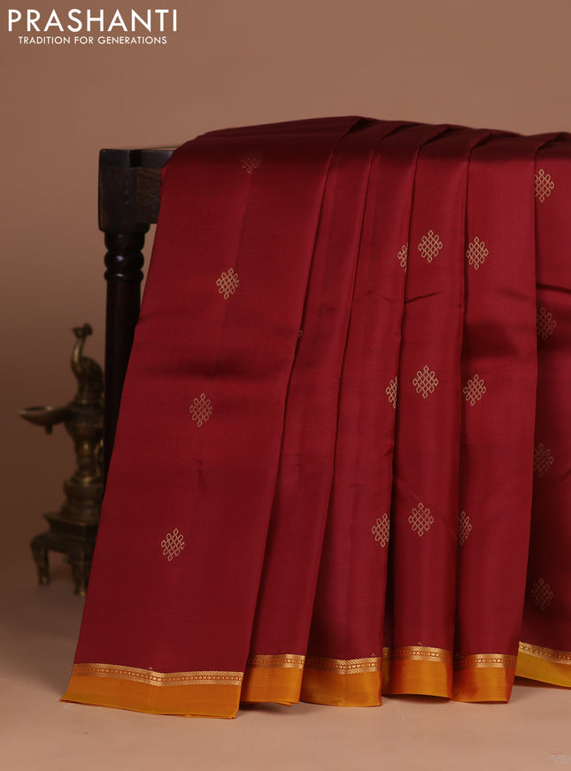 Kanchipuram silk saree maroon and mustard yellow with zari woven buttas and zari woven simple border